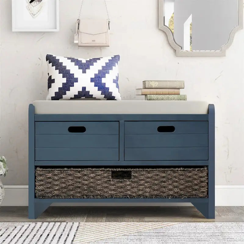 Banc de rangement en bois avec 2 paniers en rotin tressé amovibles, style ferme