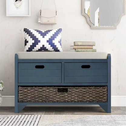 Banc de rangement en bois avec 2 paniers en rotin tressé amovibles, style ferme