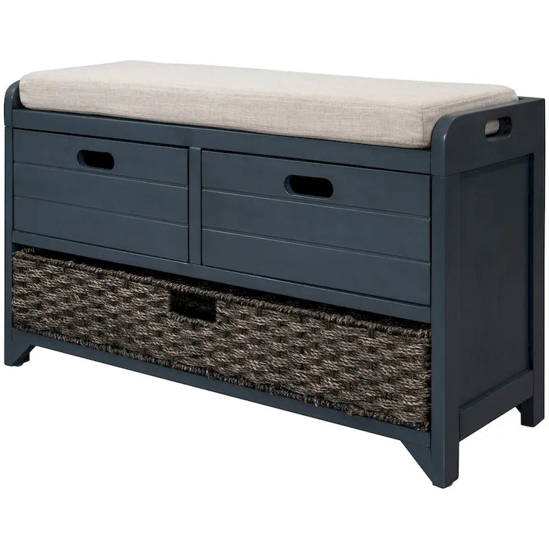 Banc de rangement en bois avec 2 paniers en rotin tressé amovibles, style ferme