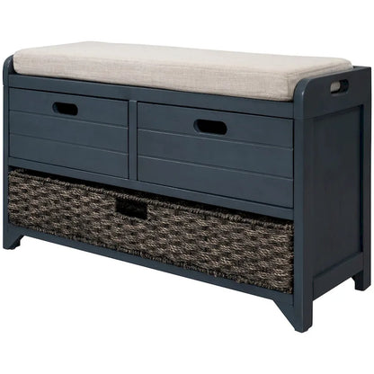 Banc de rangement en bois avec 2 paniers en rotin tressé amovibles, style ferme