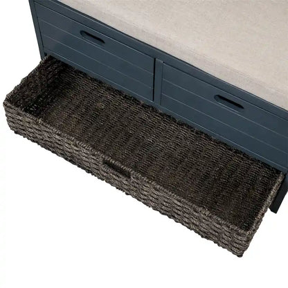 Banc de rangement en bois avec 2 paniers en rotin tressé amovibles, style ferme