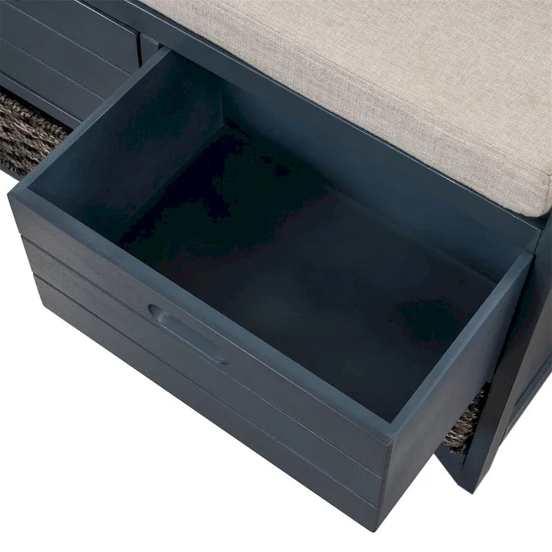 Banc de rangement en bois avec 2 paniers en rotin tressé amovibles, style ferme