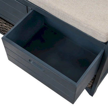 Banc de rangement en bois avec 2 paniers en rotin tressé amovibles, style ferme