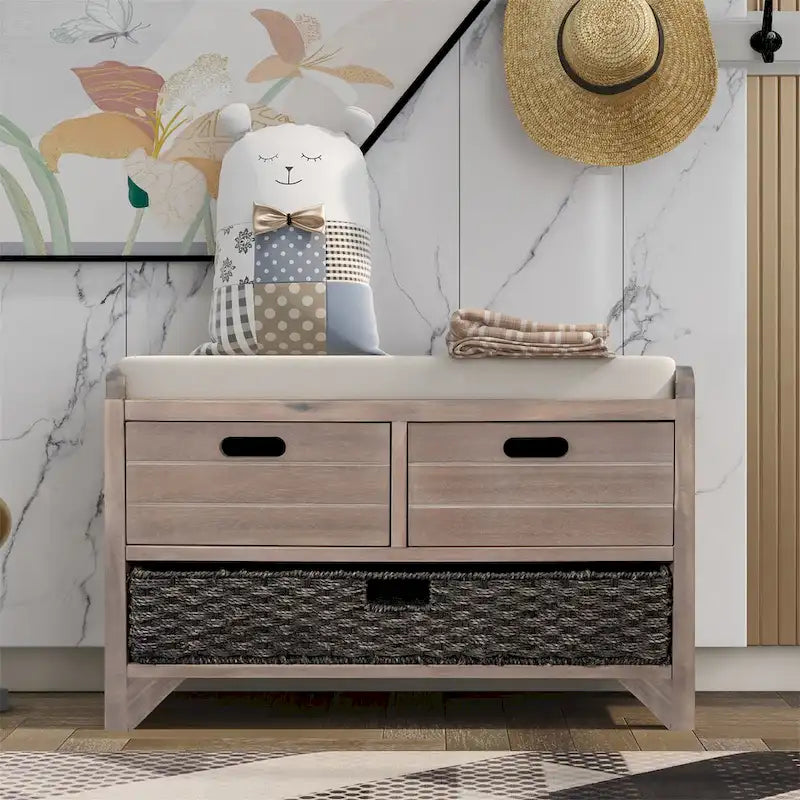 Banc de rangement en bois avec 2 paniers en rotin tressé amovibles, style ferme