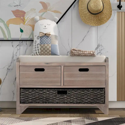 Banc de rangement en bois avec 2 paniers en rotin tressé amovibles, style ferme