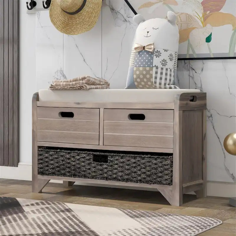 Banc de rangement en bois avec 2 paniers en rotin tressé amovibles, style ferme
