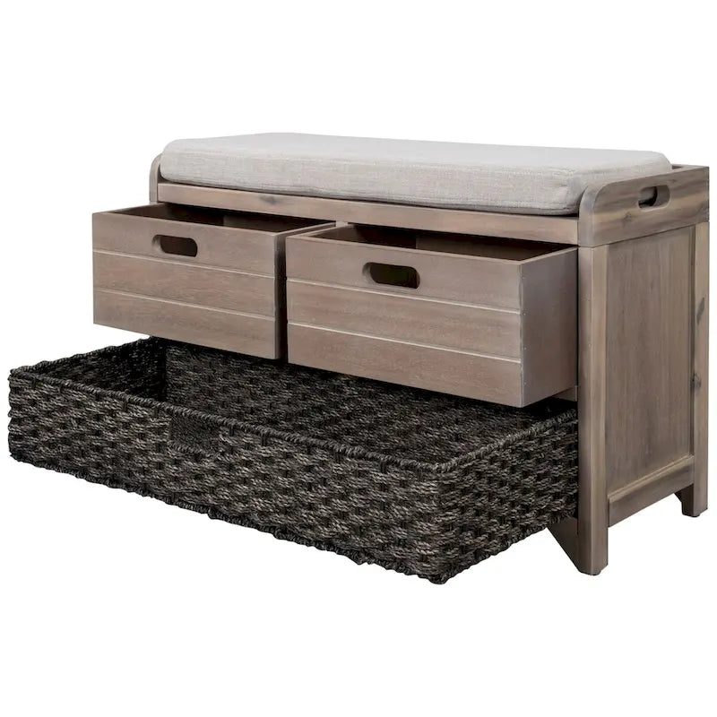 Banc de rangement en bois avec 2 paniers en rotin tressé amovibles, style ferme