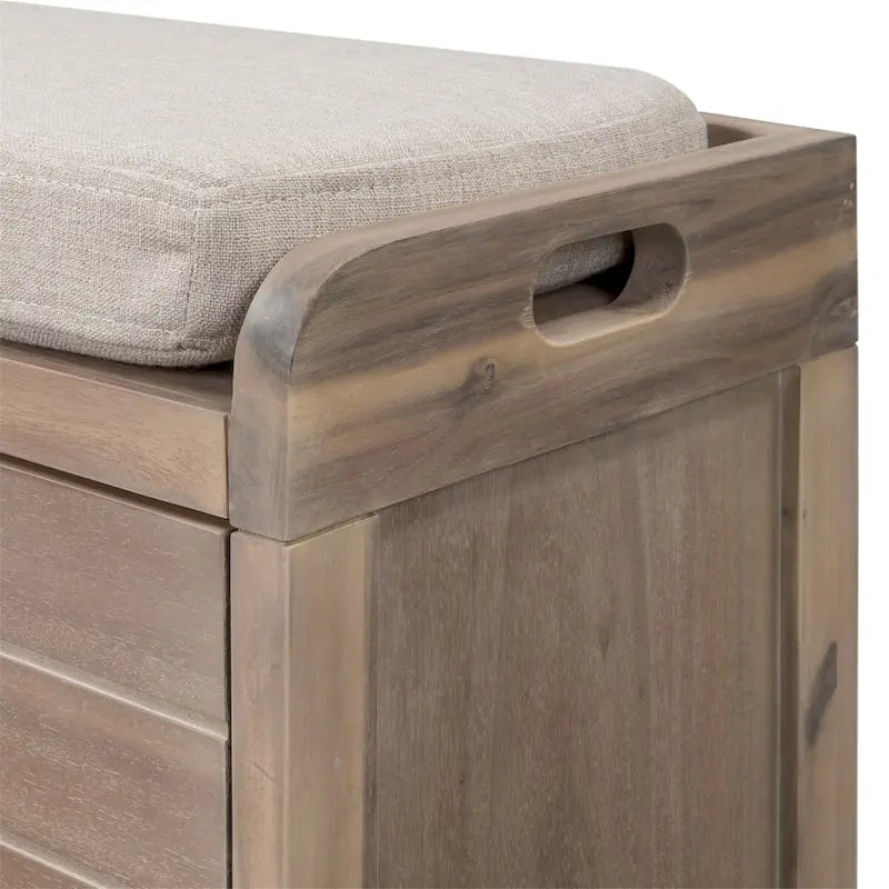 Banc de rangement en bois avec 2 paniers en rotin tressé amovibles, style ferme