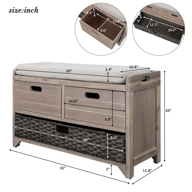 Banc de rangement en bois avec 2 paniers en rotin tressé amovibles, style ferme