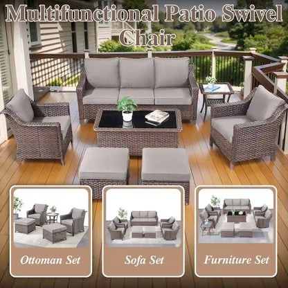 Ensemble Fauteuil et Ottoman d'Extérieur avec Table Basse - Marron