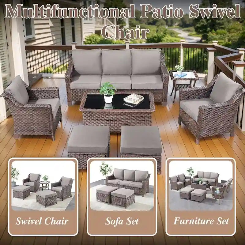 Ensemble Fauteuil et Ottoman d'Extérieur avec Table Basse - Marron