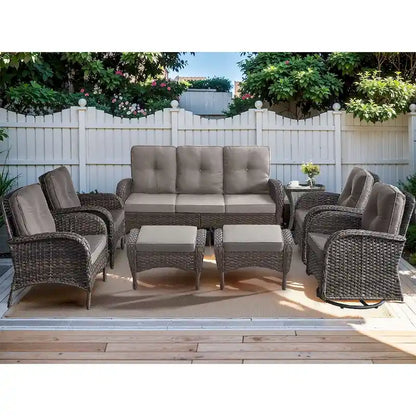 Canapé de patio 3 places, 2 fauteuils pivotants, 2 fauteuils club, 2 poufs - Marron