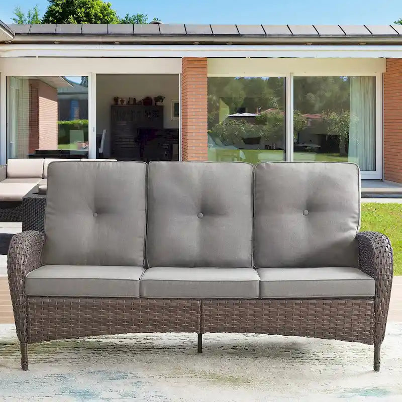 Canapé de patio 3 places, 2 fauteuils pivotants, 2 fauteuils club, 2 poufs - Marron