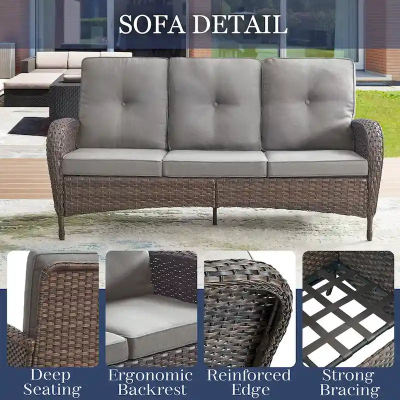 Canapé de patio 3 places, 2 fauteuils pivotants, 2 fauteuils club, 2 poufs - Marron