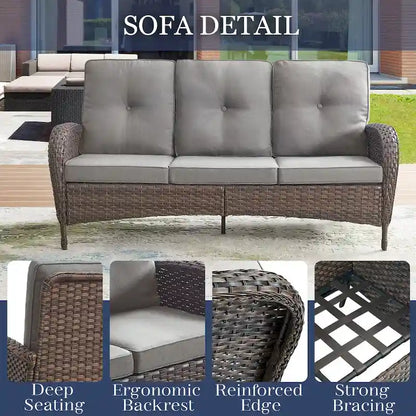 Canapé de patio 3 places, 2 fauteuils pivotants, 2 fauteuils club, 2 poufs - Marron