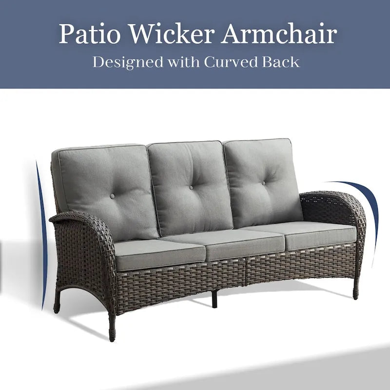 Canapé de patio 3 places, 2 fauteuils pivotants, 2 fauteuils club, 2 poufs - Marron