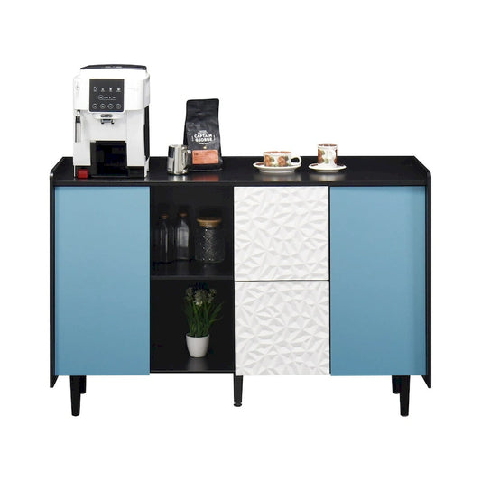 Sideboard Buffet Cabinet,Storage Cabinet with Blue Doors,2 Drawers with unique panel styling and 2 Open Storage Compartment