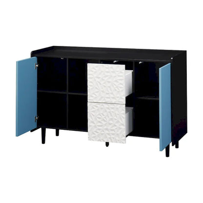 Buffet bahut, armoire de rangement avec portes bleues, 2 tiroirs avec panneau au design unique et 2 compartiments de rangement ouverts