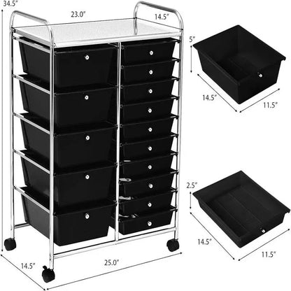Chariot de rangement à 15 tiroirs - 14.5P x 25L x 34.5H