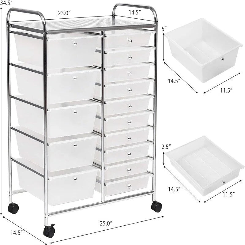 Chariot de rangement à 15 tiroirs - 14.5P x 25L x 34.5H