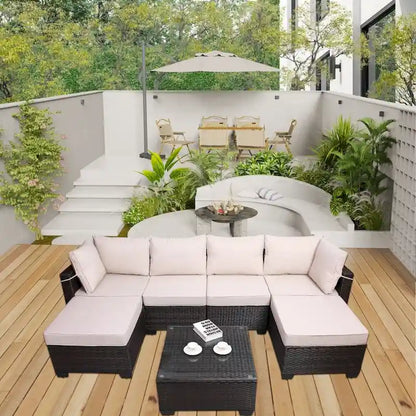Ensemble de canapés de jardin 7 pièces en rotin tressé avec table basse et coussins