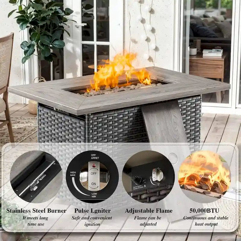 Ensemble mobilier de jardin 5 pièces avec table brasero - Gris