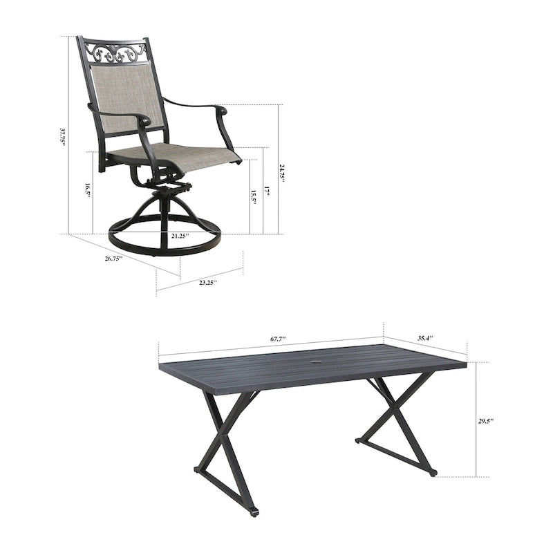 Ensemble de salle à manger avec 6 chaises pivotantes et 1 table rectangulaire en métal