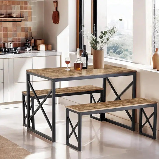 Table à manger 3 pièces VECELO avec banc, ensemble de table de salle à manger pour 4-6 personnes, table de cuisine avec 2 bancs, ensemble de table à manger