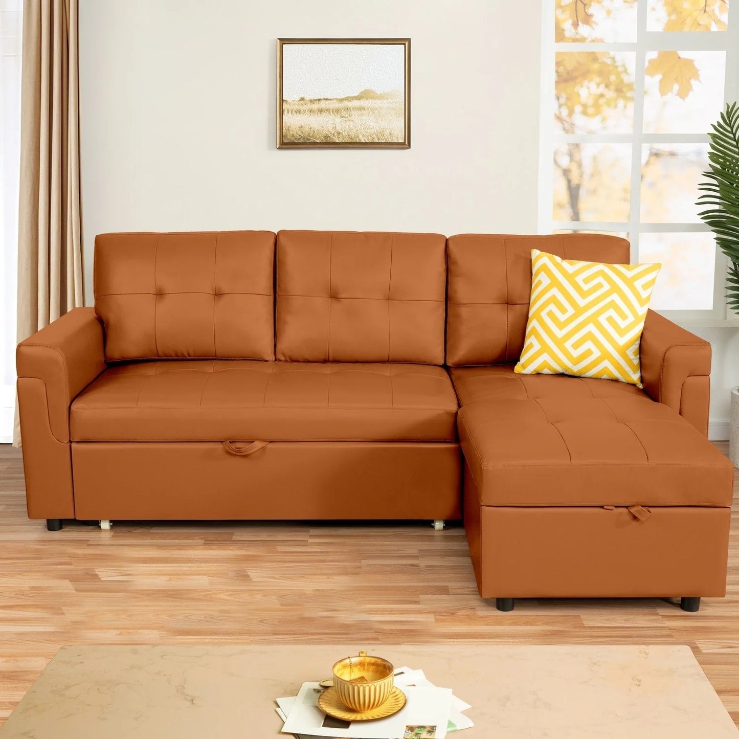 Canapé d'angle réversible convertible avec lit gigogne, méridienne de rangement et pieds durables