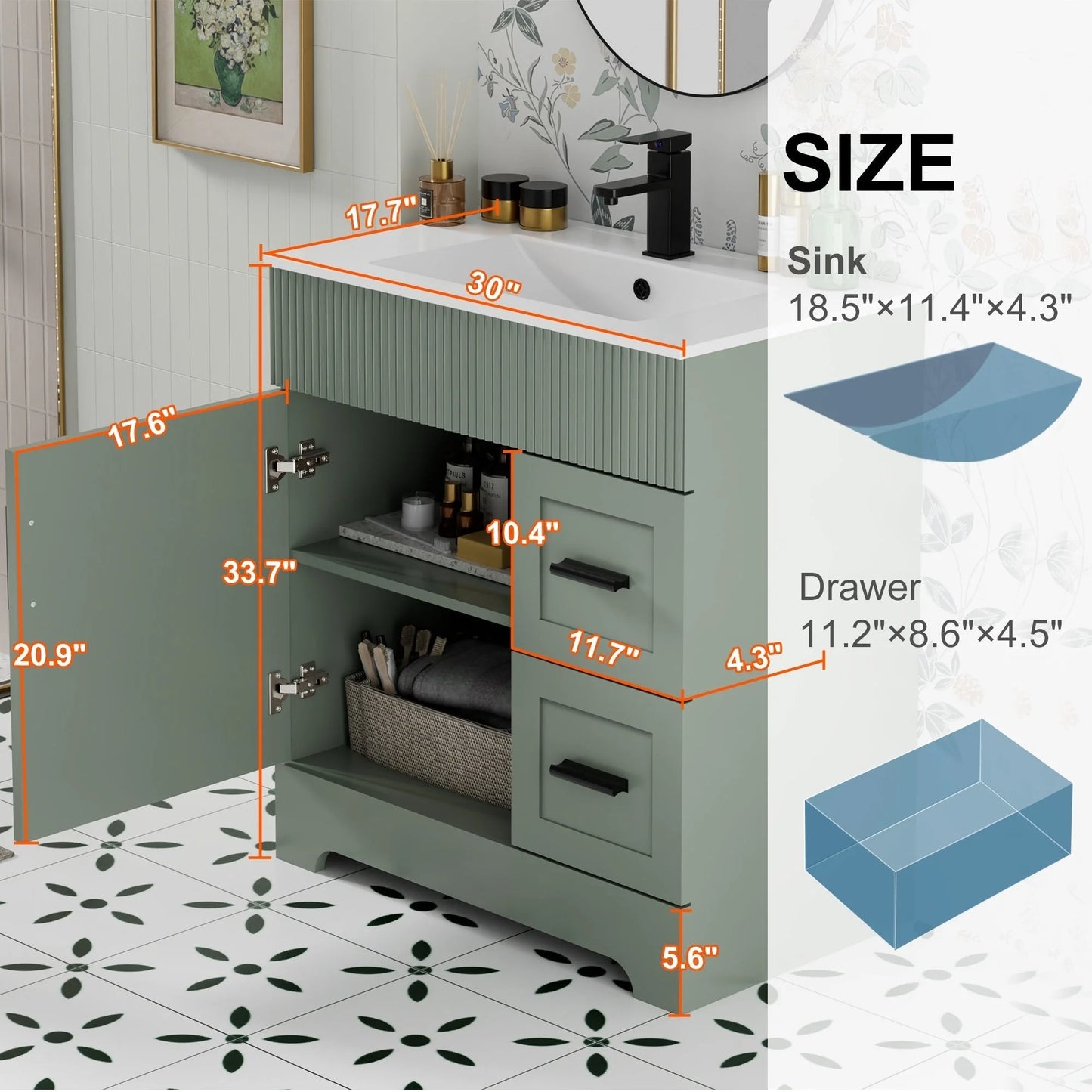 Meuble-lavabo de salle de bain Wavy Line 30/36/48 avec évier et robinet