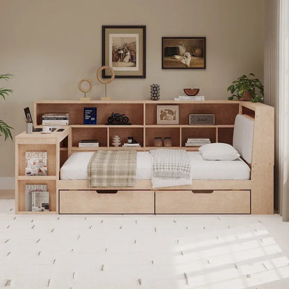 Canapé-lit d'angle en bois en forme de L avec bureau, bibliothèque, lit d'angle avec tiroirs de rangement, tête de lit rembourrée et éclairage intégré