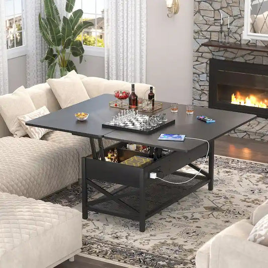 Table basse moderne noire extensible à plateau relevable convertible en table de salle à manger avec lumière LED et prise de courant