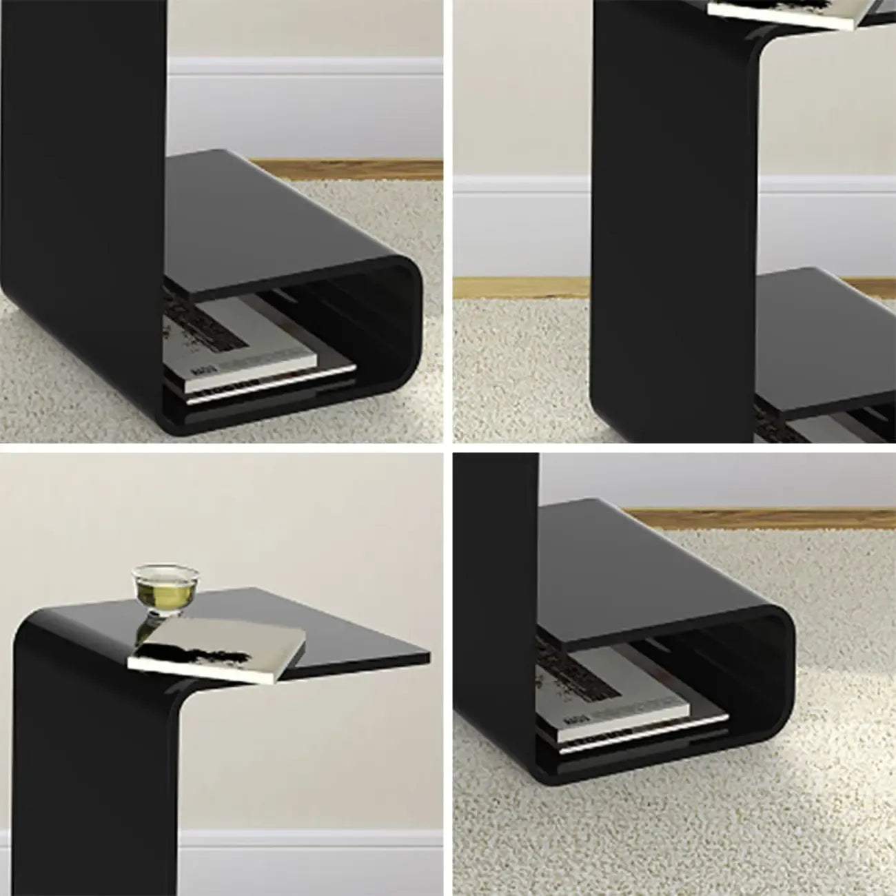 Table d'appoint minimaliste en acrylique en forme de C avec rangement