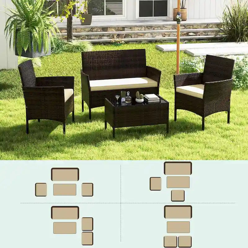 Costway Ensemble de Meubles de Jardin 4 Pièces avec Coussins Lavables et Verre Trempé - Voir les Détails