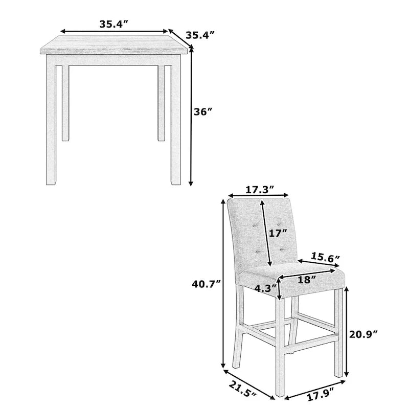 Ensemble de salle à manger 5 pièces hauteur comptoir, ensemble de table à manger en bois avec table rectangulaire et 4 chaises hautes rembourrées