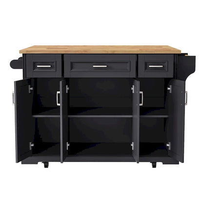 54 Grand îlot de cuisine avec plateau rabattable en bois d'hévéa, chariot de cuisine roulant à texture gaufrée sur 4 roues avec 4 portes et 3 tiroirs