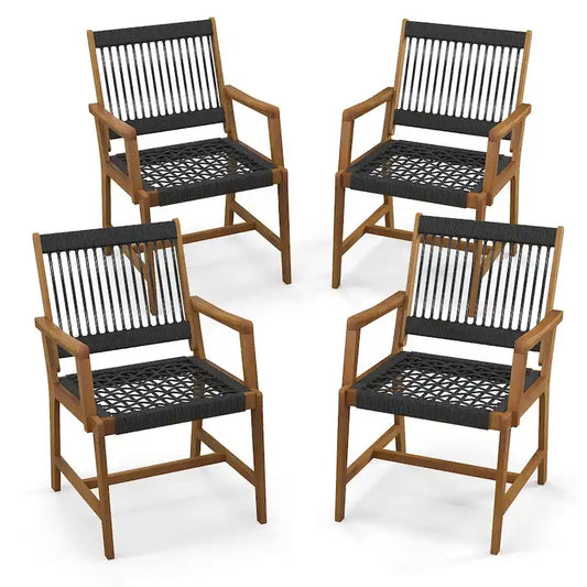 Chaises de salle à manger Gymax Patio 4 pièces en bois d'acacia Tressage de corde tout temps