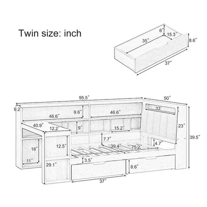 Canapé-lit d'angle en bois en forme de L avec bureau, bibliothèque, lit d'angle avec tiroirs de rangement, tête de lit rembourrée et éclairage intégré