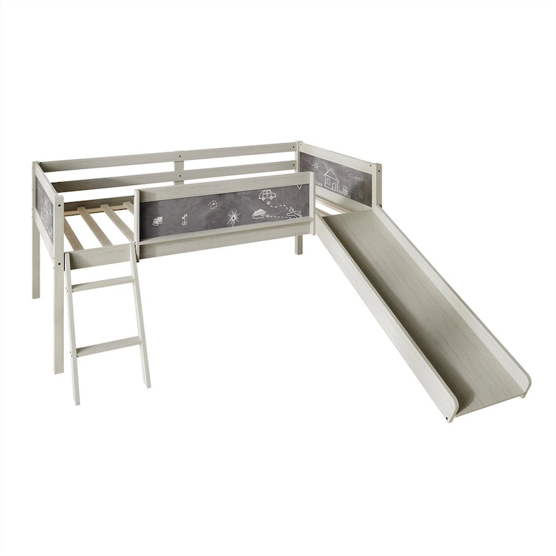 Lit mezzanine bas classique double CraftPorch avec tableau noir, toboggan et échelle