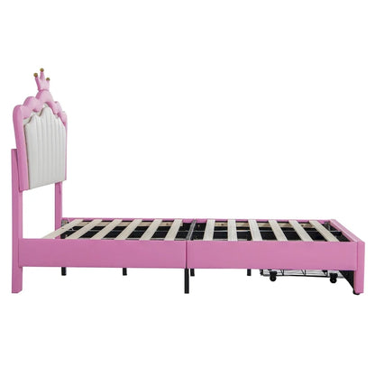 Cadre de lit double rembourré avec lumières LED, lit de princesse moderne rembourré avec tête de lit en forme de couronne, un tiroir, rose+blanc