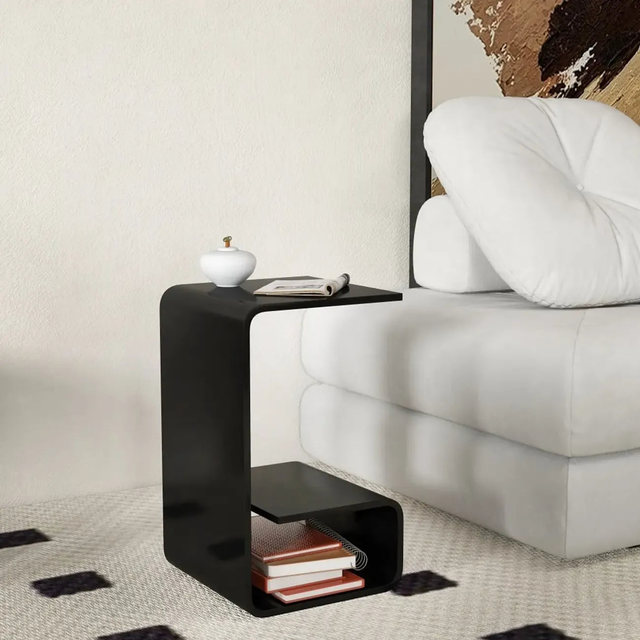 Table d'appoint minimaliste en acrylique en forme de C avec rangement
