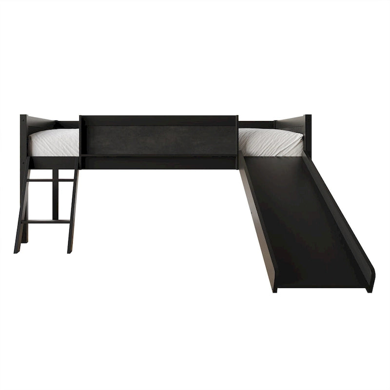 Lit mezzanine bas classique double CraftPorch avec tableau noir, toboggan et échelle