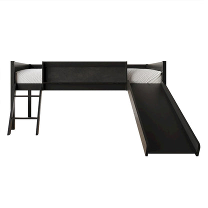 Lit mezzanine bas classique double CraftPorch avec tableau noir, toboggan et échelle
