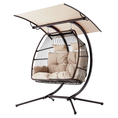 Balancelle extérieure à deux places avec support, chaise suspendue pliable, coussin de hamac et auvent, chaise double en forme d'œuf - Beige