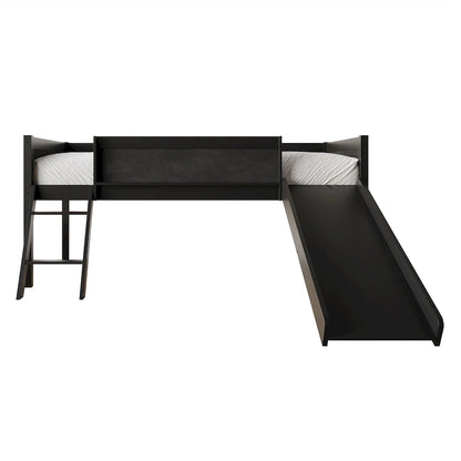 Lit mezzanine bas classique double CraftPorch avec tableau noir, toboggan et échelle