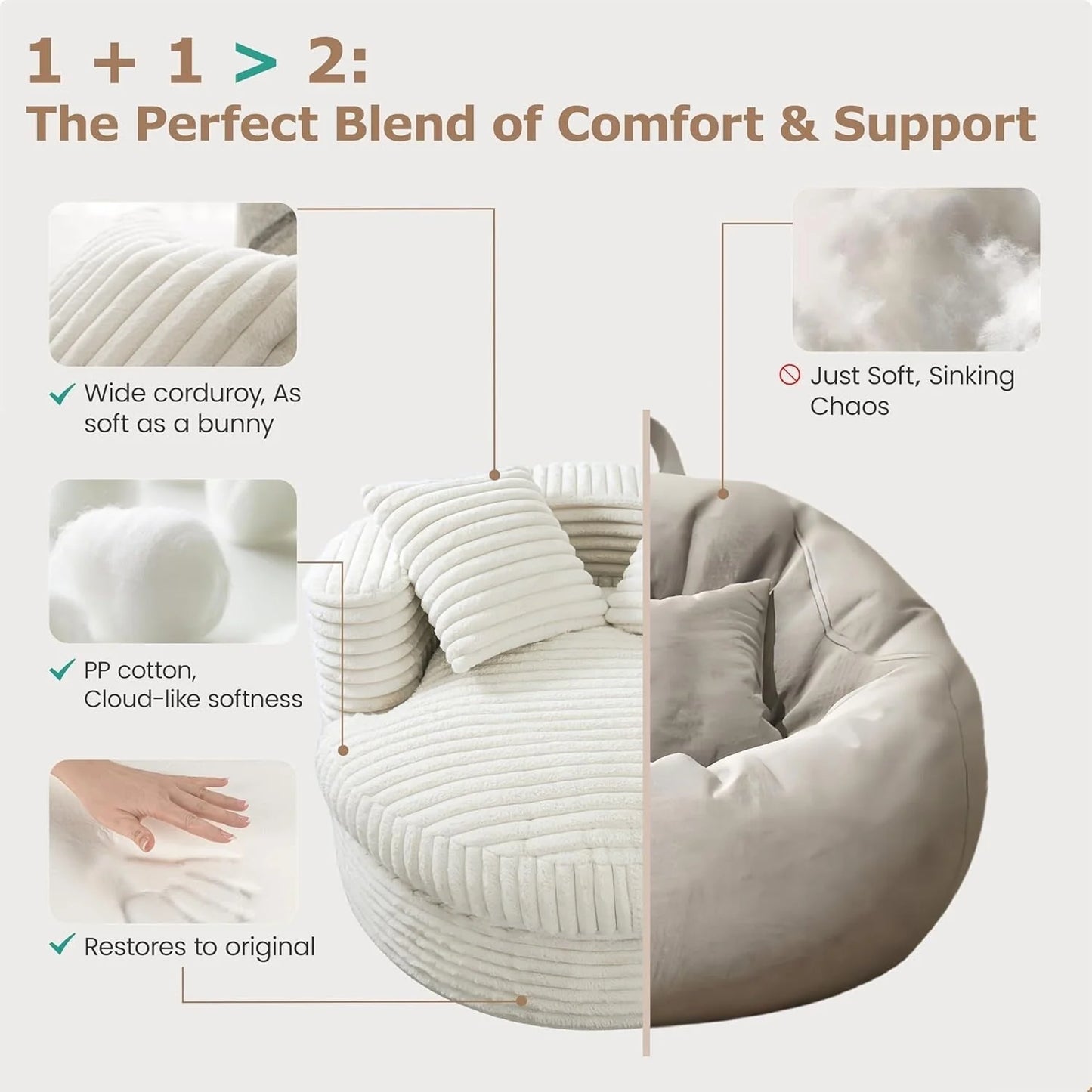 WOWMAX 47 Chaise Longue Ronde Intérieure, Canapé de Sol Surdimensionné en Velours Côtelé avec 2 Coussins Décoratifs
