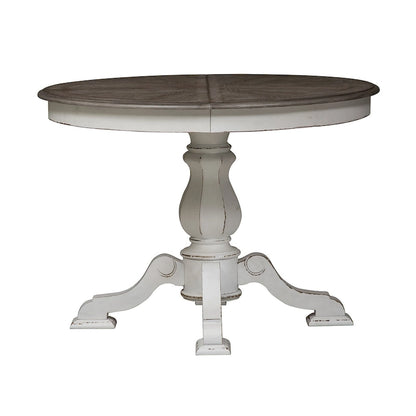Table à dîner ronde sur pied Magnolia Manor avec rallonges escamotables - 2 finitions