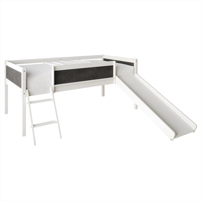 Lit mezzanine bas classique double CraftPorch avec tableau noir, toboggan et échelle