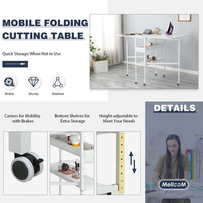 Table artisanale réglable en hauteur avec étagères de rangement, table de coupe pliante mobile pour bureau à domicile, salle de couture, salle d'artisanat