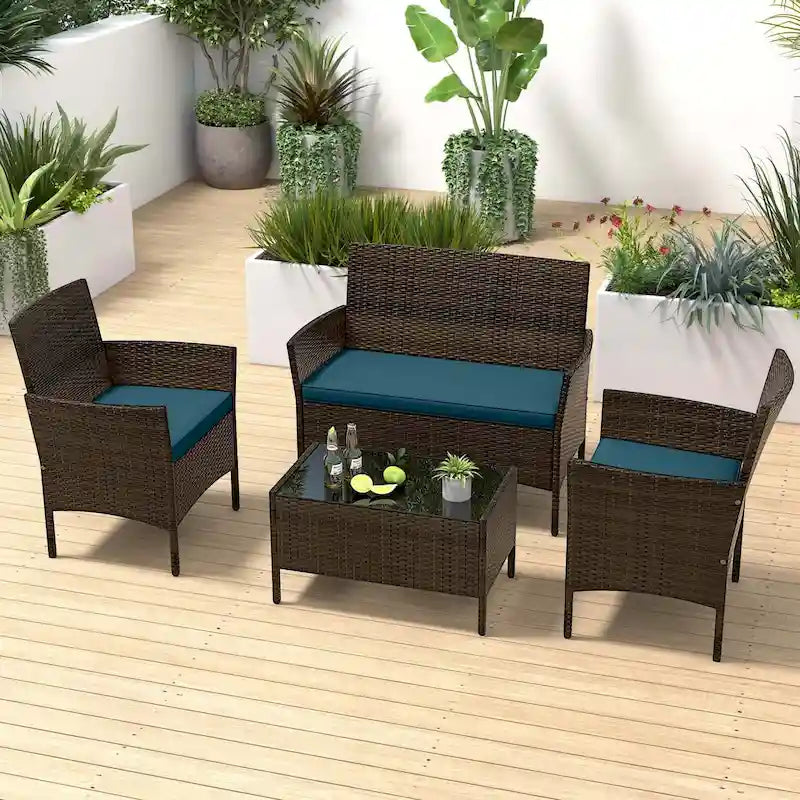 Costway Ensemble de Meubles de Jardin 4 Pièces avec Coussins Lavables et Verre Trempé - Voir les Détails